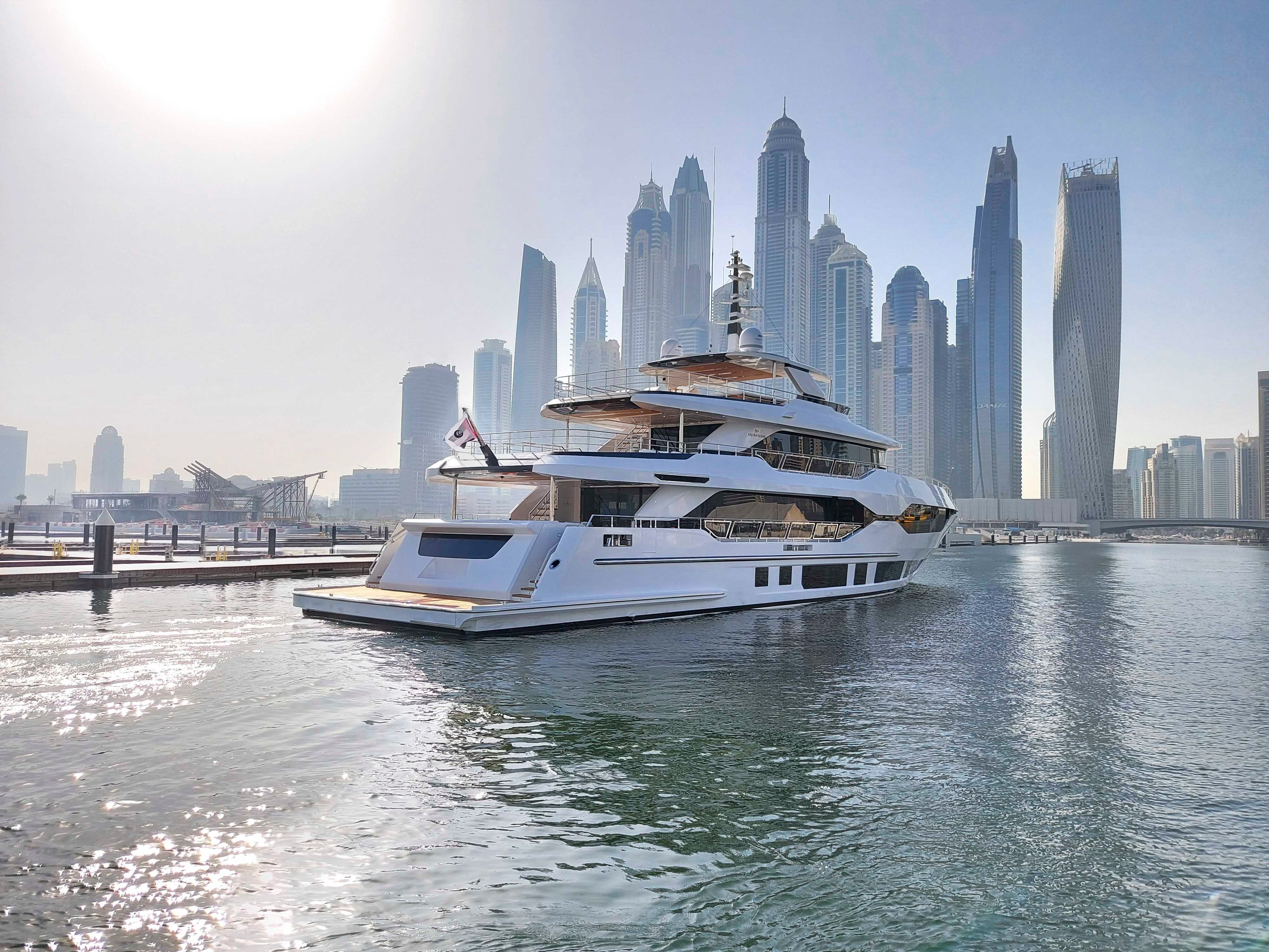 Majesty 120 Entering Dubai Marina Channel to berth in Dubai Harbour Marina (1)