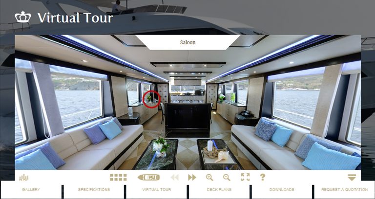权威90型游艇主甲板区域虚拟之旅的屏幕截屏 