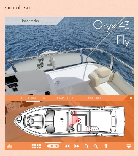 لقطة من الجولة الافتراضية على متن اليخت أوريكس 43 فلاي تُظهر منطقة المنصة العلوية المفتوحة ومخطط السطح 