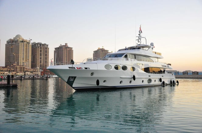 Majesty 125 arriving at the Pearl Marina in Qatar for the exclusive preview in 2013.