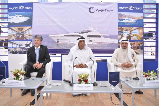 Gulf Craft Press Conference, from L-R, Erwin Bamps, Gulf Craft CEO, Mohammed Alshaali, Gulf Craft Chairman and Saeed Al Hareb, VP and Chairman of DIMC