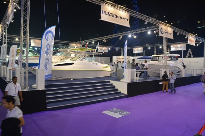 Gulf Craft stand at the Dubai International Boat Show featuring the Oryx and Silvercraft models