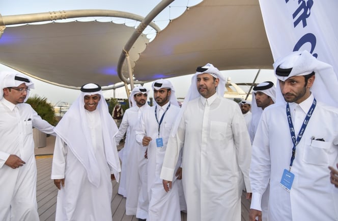 Mohammed Alshaali, Chairman of Gulf Craft welcoming Qatar's Minister of Economy and Commerce, HE Sheikh Ahmed bin Jassim bin Mohamed Al-Thani