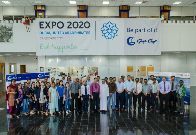 Gulf Craft headquarters in Ajman congratulating Dubai Expo 2020 win