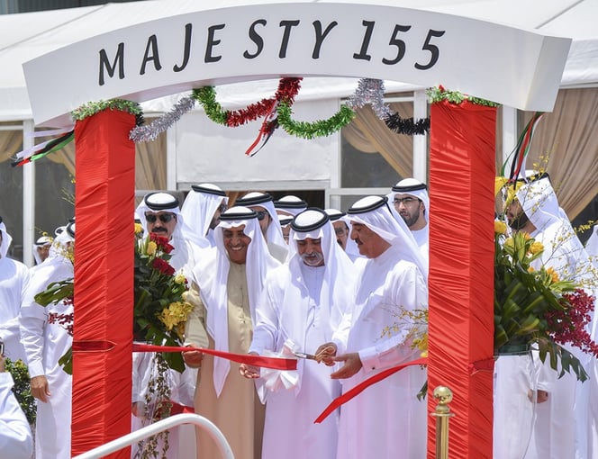 Majesty 155 ribbon cutting with HH Sheikh Rashid bin Saud bin Rashid Al Mualla and Sheikh Nahyan bin Mubarak Al Nahyan