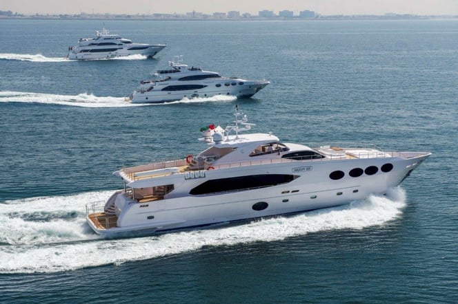 Majesty Yachts sailing along the UAE Coastline from bottom to top Majesty 105 Majesty 125 and-Majesty 135