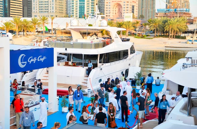Visitors waiting in cue to view the latest Majesty Yachts models at the Dubai International Boat Show