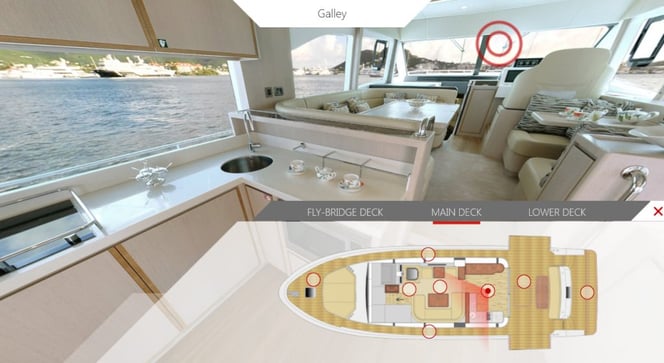 Nomad 55 virtual tour- screen shot galley & main saloon with deck layout