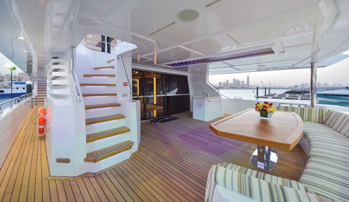 The aft cockpit offers a comfortable, sheltered seating area. - See more at: http://blog.gulfcraftinc.com/majesty-122-yachting-royal-by-ocean-magazine/#sthash.lzQNiog0.dpuf